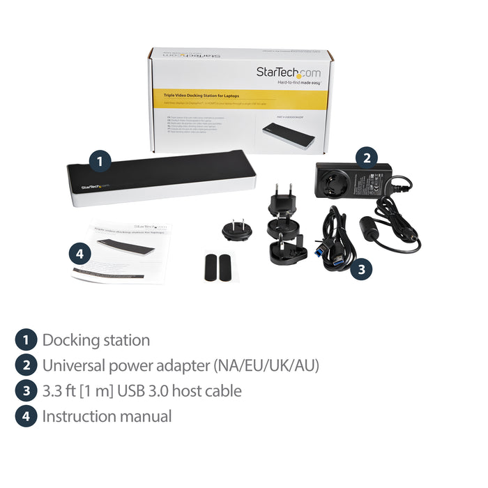 StarTech.com Triple-Monitor USB 3.0 Docking Station - 1x HDMI - 2x DisplayPort, Wired, USB 3.2 Gen 1 (3.1 Gen 1) Type-A, 3.5 mm, USB Type-A, 10,100,1000 Mbit/s, IEEE 802.3, IEEE 802.3ab, IEEE 802.3u