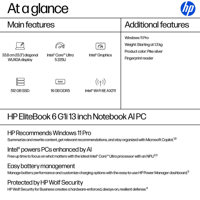 HP EliteBook 6 G1i AI PC, Intel Core Ultra 5, 33.8 cm (13.3"), 1920 x 1200 pixels, 16 GB, 512 GB, Windows 11 Pro