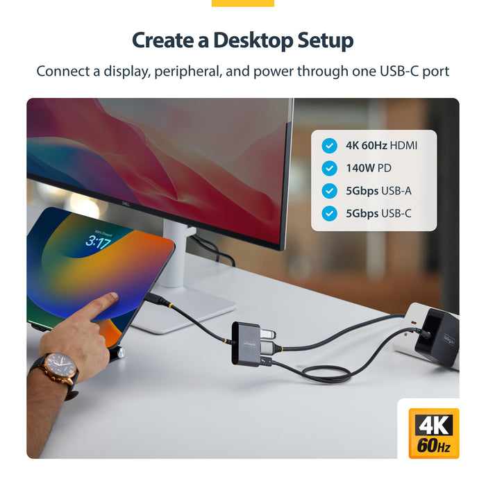 StarTech.com USB-C to HDMI Multiport Adapter with 140W PD Charging, 4K 60Hz HDMI, USB 5Gbps Hub, Mini Dock For MacBook / Dell / Thinkpad / HP / iPad / Tablets, Wired, USB 3.2 Gen 1 (3.1 Gen 1) Type-C, 140 W, Black, 5 Gbit/s, 4K Ultra HD