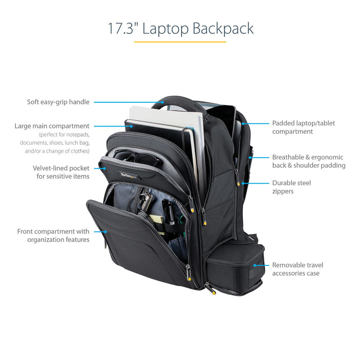 StarTech.com 17.3" Laptop Backpack with Removable Accessory Organizer Case - Professional IT Tech Backpack for Work/Travel/Commute - Ergonomic Computer Bag - Durable Ballistic Nylon - Notebook/Tablet Pockets, Backpack, 43.9 cm (17.3"), 1.5 kg