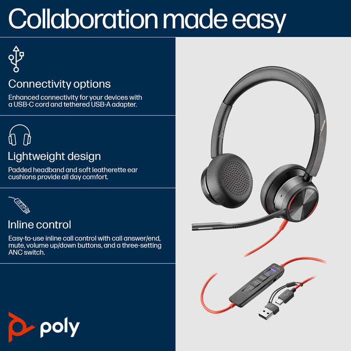 HP Poly Blackwire 8225 Stereo Microsoft Teams Certified USB-C Headset +USB-C/A Adapter, Wired, Office/Call center, 186 g, Headset, Black
