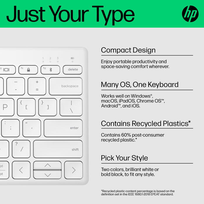 HP 350 Compact Multi-Device Bluetooth Keyboard, Wireless, Bluetooth, Mechanical, White