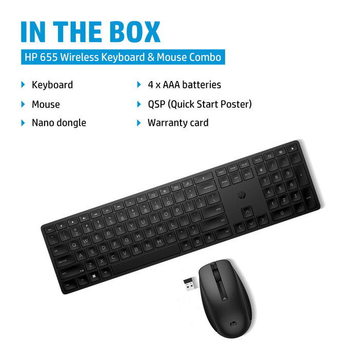 HP 655 Wireless Keyboard and Mouse Combo, Full-size (100%), Wireless, RF Wireless, Black, Mouse included