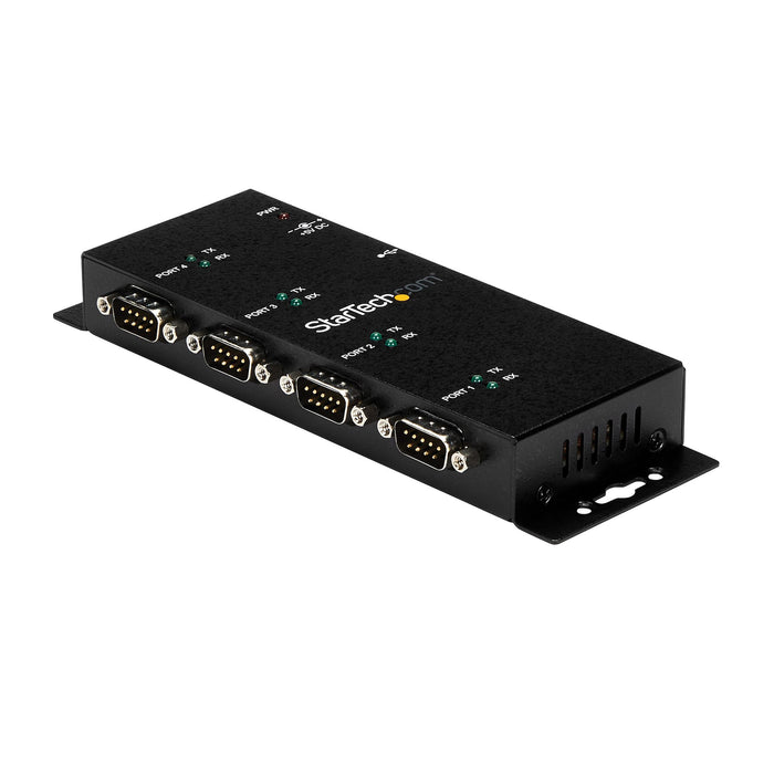 StarTech.com 4 Port USB to DB9 RS232 Serial Adapter Hub – Industrial DIN Rail and Wall Mountable - TAA, USB 2.0 Type-B, Serial, Black, Steel, Activity, USB