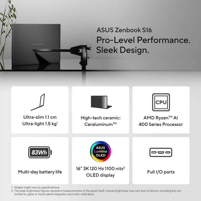 ASUS Zenbook S16 UM5606GA-SR040W, AMD Ryzen™ AI 7, 2 GHz, 40.6 cm (16"), 2880 x 1800 pixels, 32 GB, 1 TB