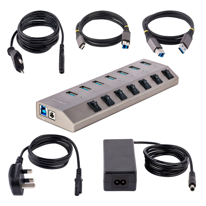 StarTech 7 Port Self-Powered USB C Hub with Individual On/Off Switches, USB 3.0 (5Gbps) Expansion Hub with Power Supply, Desktop Laptop USB-C to USB-A Splitter