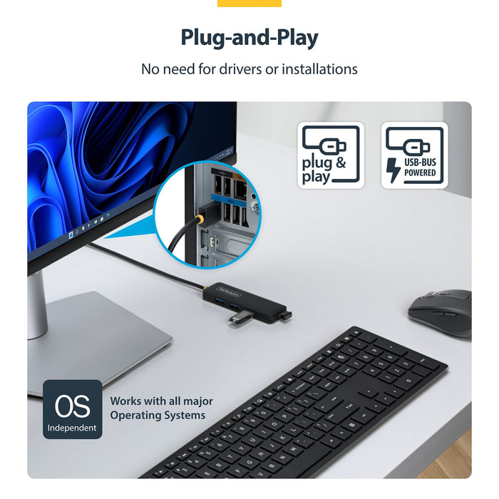 StarTech USB-A 4-Port Hub, SuperSpeed 5Gbps, 4 × USB-A Adapter, Bus-Powered Portable Hub with Extra Long 2 ft Cable, Plug-and-Play for MacBook, Dell, Chromebook, PC & Peripheral Devices