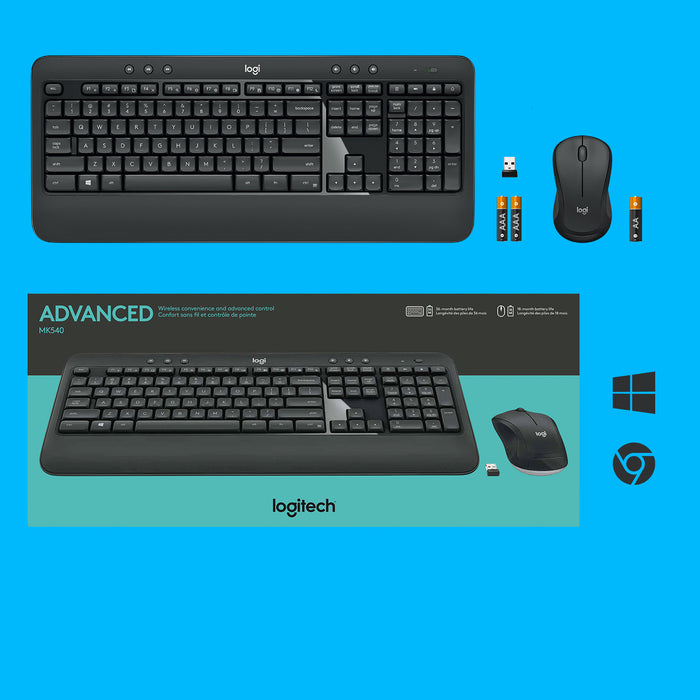 Logitech MK540 ADVANCED Wireless Keyboard and Mouse Combo, Wireless, USB, Membrane, QWERTY, Black, White, Mouse included