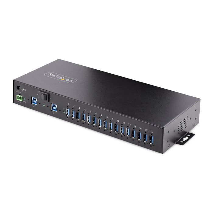 StarTech 16-Port Industrial USB 3.0 Hub 5Gbps, Metal, DIN/Surface/Rack Mountable, ESD Protection, Terminal Block Power, up to 120W Shared USB Charging, Dual-Host Hub/Switch , TAA