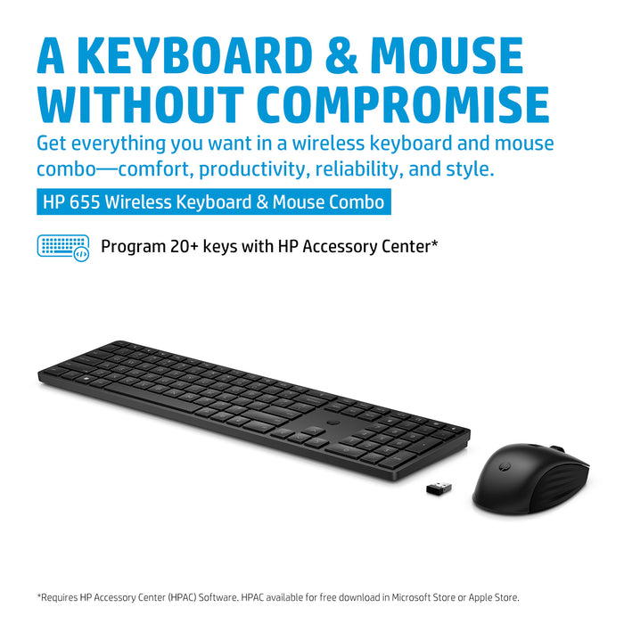 HP 655 Wireless Keyboard and Mouse Combo, Full-size (100%), Wireless, RF Wireless, Membrane, Black, Mouse included
