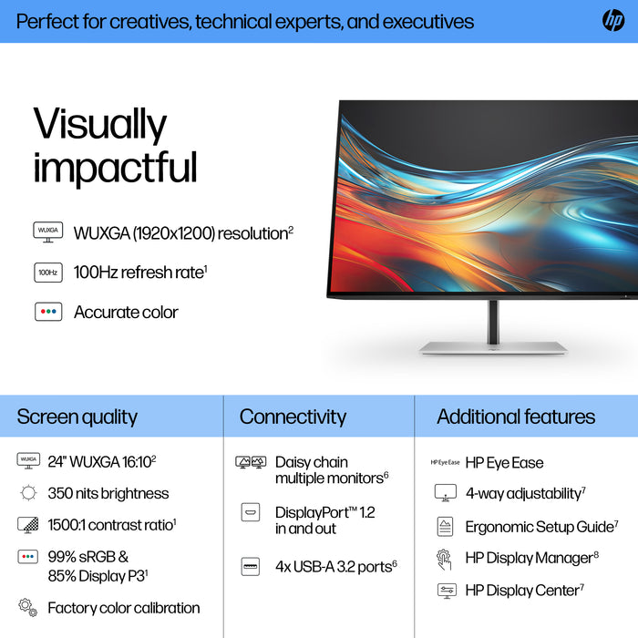 HP Series 7 Pro 24 inch WUXGA Monitor - 724pn, 61 cm (24"), 1920 x 1200 pixels, WUXGA, LCD, 5 ms, Black, Silver