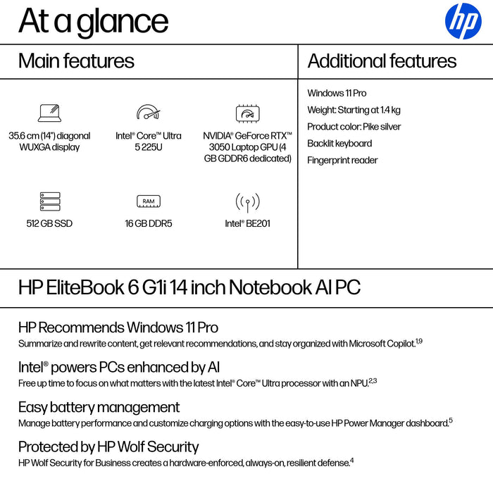 HP EliteBook 6 G1i AI, Intel Core Ultra 5, 35.6 cm (14"), 1920 x 1200 pixels, 16 GB, 512 GB, Windows 11 Pro