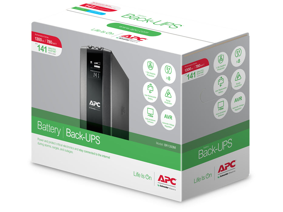 APC Back-UPS Pro, 1300VA/780W, Tower, 230V, 8x IEC C13 outlets, AVR, LCD, User Replaceable Battery, Line-Interactive, 1.3 kVA, 780 W, Sine, 176 V, 294 V
