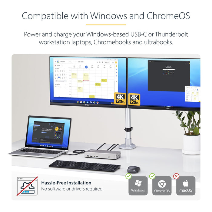 StarTech.com Dual-Monitor USB4 Docking Station, Dual 4K 120Hz or Single 8K 60Hz HDMI, 100W Laptop Charging, 2.5GbE, USB-C Multi-Monitor Dock, Driverless, Wired, USB4, 100 W, 10,100,1000,2500 Mbit/s, Silver, 40 Gbit/s