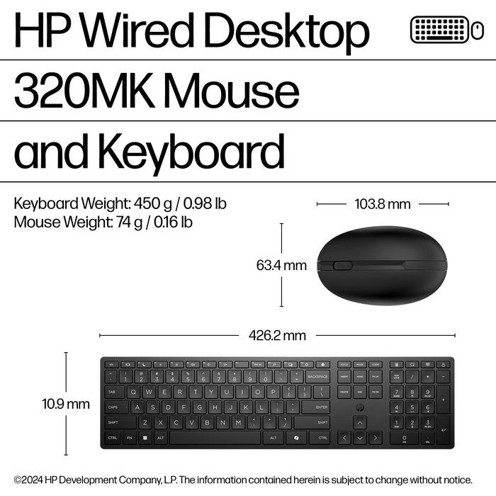 HP Wired Desktop 320MK Mouse and Keyboard, Full-size (100%), Wired, USB, Membrane, Black, Mouse included
