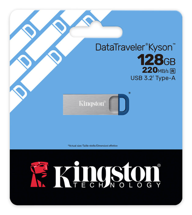 Kingston Technology DataTraveler 128GB Kyson 220MB/s Metal USB 3.2 Gen 1, 128 GB, USB Type-A, 3.2 Gen 1 (3.1 Gen 1), 220 MB/s, Capless, Stainless steel
