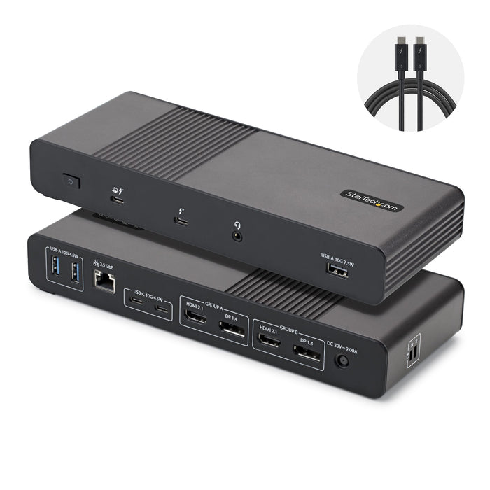 StarTech.com Thunderbolt 5 Universal Docking Station for Mac & Windows with Quad Monitors, 140W Power Delivery, 120Gbps Bandwidth Boost, 2.5Gb Ethernet, USB-C & USB-A Ports, Wired, Thunderbolt 5, 140 W, 3.5 mm, 10,100,1000,2500 Mbit/s, Black, Grey
