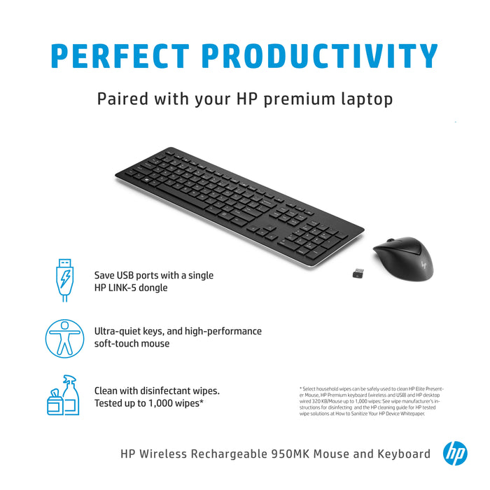 HP Wireless Rechargeable 950MK Mouse and Keyboard, Full-size (100%), Wireless, RF Wireless, Mechanical, Black, Mouse included