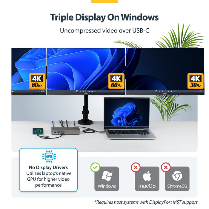 StarTech USB-C Docking Station Triple 4K Displays (2x 4K 60Hz, 1x 4K 30Hz), 100W Power Delivery, 6 USB Ports (10Gbps), Gigabit Ethernet, DisplayPort + HDMI, Driverless Windows Laptop Dock