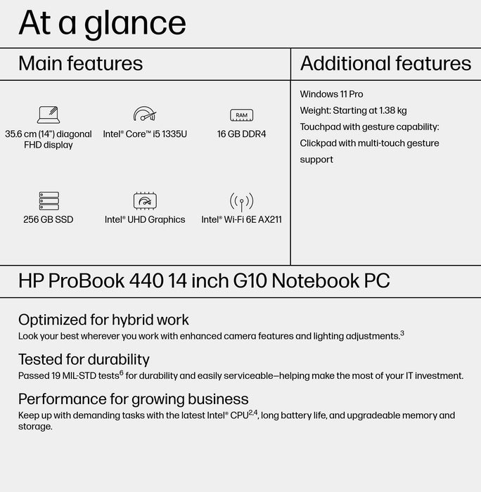 HP ProBook 440 G10, Intel® Core™ i5, 35.6 cm (14"), 1920 x 1080 pixels, 16 GB, 256 GB, Windows 11 Pro