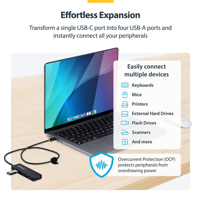 StarTech USB-C 4-Port Hub, SuperSpeed 5Gbps, 4 × USB-A Adapter, Bus-Powered Portable Hub with Extra Long 2 ft Cable, Plug-and-Play for MacBook, Dell, Chromebook, PC & Peripheral Devices