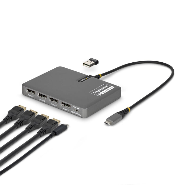 StarTech.com USB-C to Quad-Monitor Workstation Adapter, 4K 60Hz DisplayPort, 140W PD Passthrough for Laptop Charging, USB Port for Wireless Keyboard / Mouse, TAA, Wired, USB 3.2 Gen 1 (3.1 Gen 1) Type-C, 140 W, Grey, 4K Ultra HD, 3840 x 2160 pixels