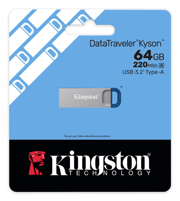 Kingston Technology DataTraveler 64GB Kyson 220MB/s Metal USB 3.2 Gen 1, 64 GB, USB Type-A, 3.2 Gen 1 (3.1 Gen 1), 220 MB/s, Capless, Stainless steel