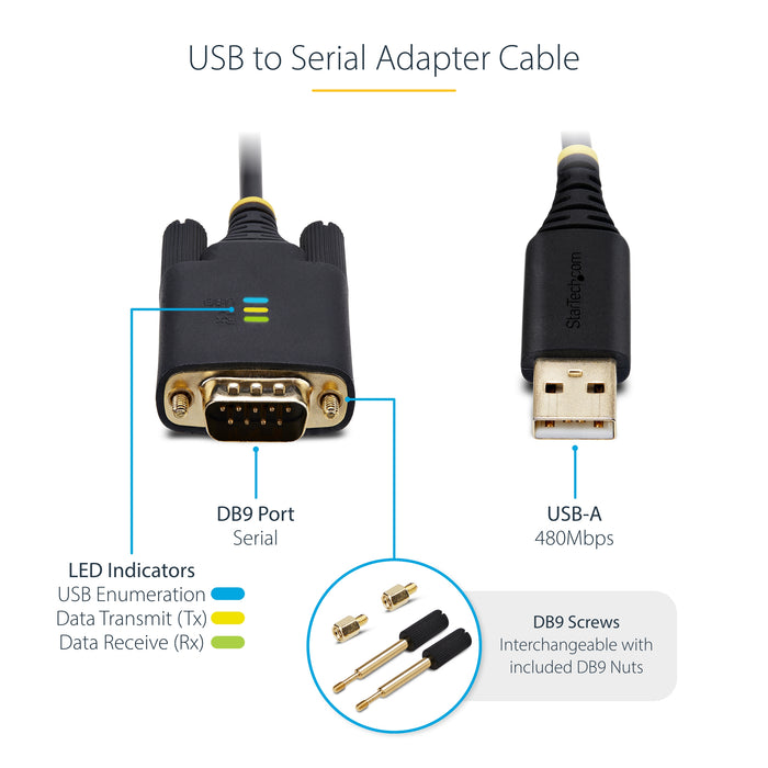 StarTech.com 3.3ft (1m) USB to Serial Adapter Cable, COM Retention, Interchangeable Screws/Nuts, USB-A to DB9 RS232, FTDI IC, ESD Protection, Windows/macOS/Linux, Black, 1 m, USB Type-A, RS-232, Male, Male