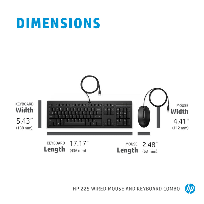 HP 225 Wired Mouse and Keyboard Combo, Full-size (100%), Wired, USB, Membrane, Black, Mouse included