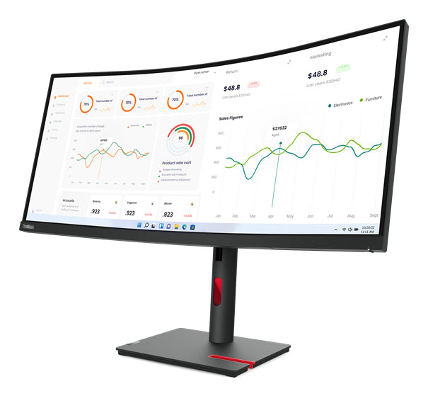 Lenovo ThinkVision T34w-30, 86.4 cm (34"), 3440 x 1440 pixels, Wide Quad HD, LED, 6 ms, Black