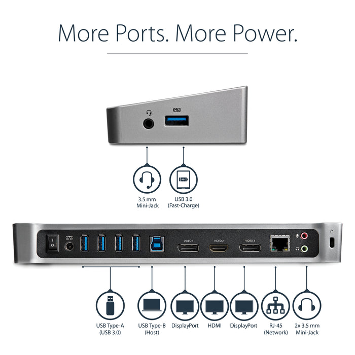 StarTech.com Triple-Monitor USB 3.0 Docking Station - 1x HDMI - 2x DisplayPort, Wired, USB 3.2 Gen 1 (3.1 Gen 1) Type-A, 3.5 mm, USB Type-A, 10,100,1000 Mbit/s, IEEE 802.3, IEEE 802.3ab, IEEE 802.3u
