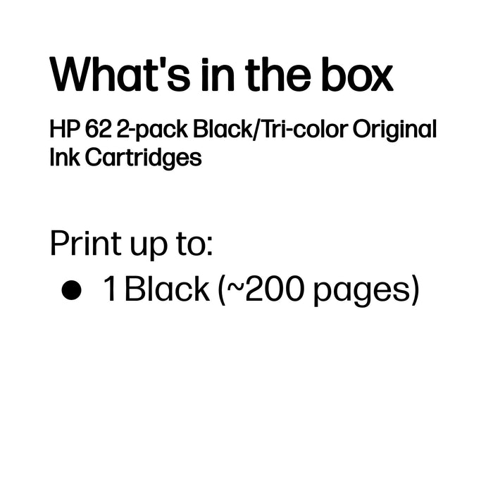HP 62 2-pack Black/Tri-color Original Ink Cartridges, Standard Yield, Black, Cyan, Magenta, Yellow, Pigment-based ink, Dye-based ink, 2 pc(s), 200 pages