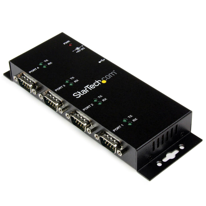 StarTech.com 4 Port USB to DB9 RS232 Serial Adapter Hub – Industrial DIN Rail and Wall Mountable - TAA, USB 2.0 Type-B, Serial, Black, Steel, Activity, USB