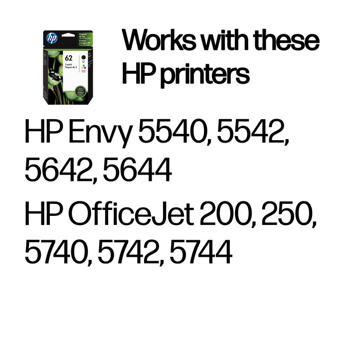 HP 62 2-pack Black/Tri-color Original Ink Cartridges, Standard Yield, Black, Cyan, Magenta, Yellow, Pigment-based ink, Dye-based ink, 2 pc(s), 200 pages