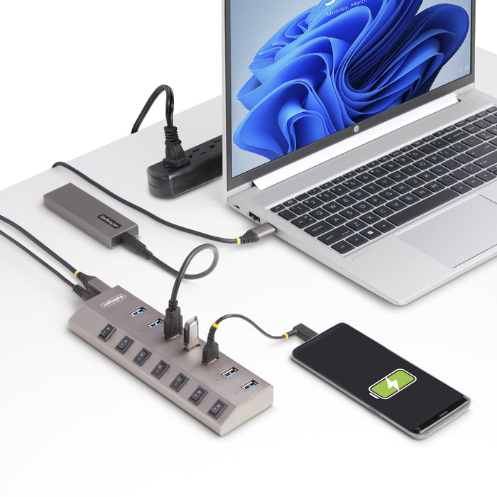 StarTech 7 Port Self-Powered USB C Hub with Individual On/Off Switches, USB 3.0 (5Gbps) Expansion Hub with Power Supply, Desktop Laptop USB-C to USB-A Splitter