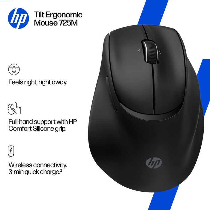 HP Tilt Ergonomic Mouse 725M, Right-hand, RF Wireless + Bluetooth, 6000 DPI, Black