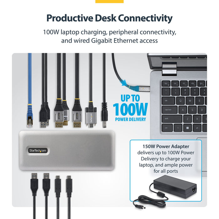 StarTech USB-C Docking Station Triple 4K Displays (2x 4K 60Hz, 1x 4K 30Hz), 100W Power Delivery, 6 USB Ports (10Gbps), Gigabit Ethernet, DisplayPort + HDMI, Driverless Windows Laptop Dock