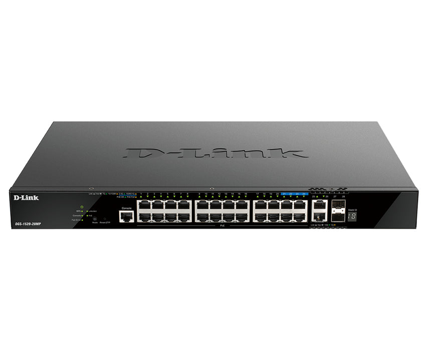 D-Link 28-Port Gigabit Stackable POE+ Smart Managed Switch with 2 x 10GBase-T & 2 x 10G SFP+, Managed, L3, Gigabit Ethernet (10/100/1000), Power over Ethernet (PoE), Rack mounting, 1U