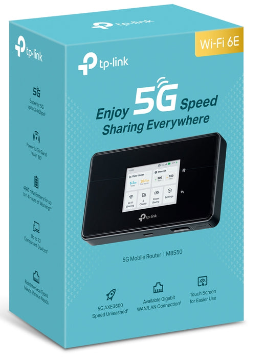 TP-Link M8550(EU), Cellular network router, Black, Portable, 802.11a, 802.11b, 802.11g, Wi-Fi 4 (802.11n), Wi-Fi 5 (802.11ac), Wi-Fi 6 (802.11ax), 200 Mbit/s, 4G, 5G, LTE