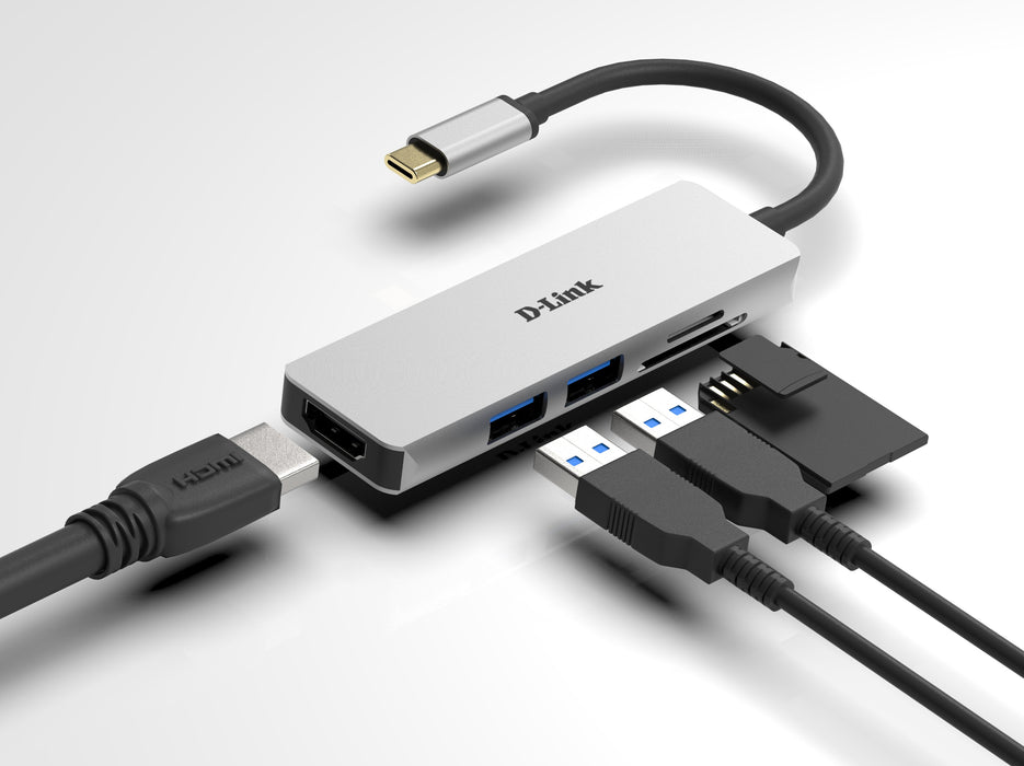 D-Link 5-in-1 USB-C Hub with HDMI and SD/microSD Card Reader, Wired, USB 3.2 Gen 1 (3.1 Gen 1) Type-C, Aluminium, MicroSD (TransFlash), SD, SDHC, SDXC, 5 Gbit/s, 4K Ultra HD