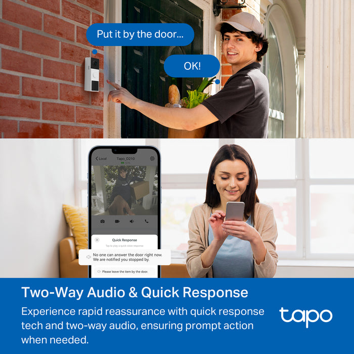 TP-Link Tapo Video Doorbell Camera, Black, White, IP65, 150°, IR, Wall, Tapo Care Cloud Storage Services