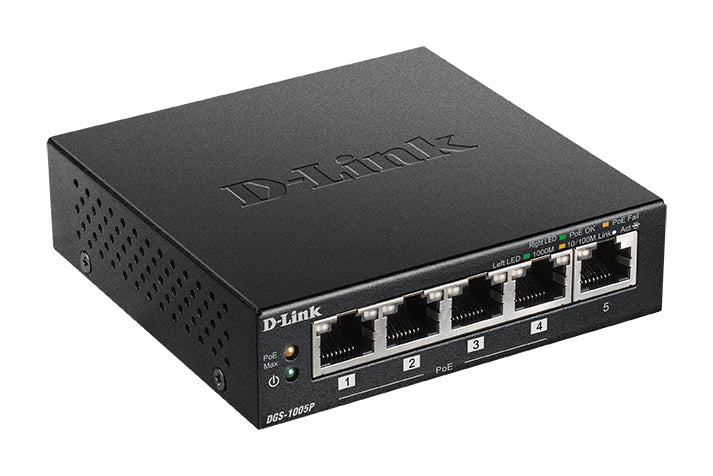 D-Link 5-Port Desktop Gigabit PoE+ Switch, Unmanaged, L2, Gigabit Ethernet (10/100/1000), Full duplex, Power over Ethernet (PoE), Wall mountable