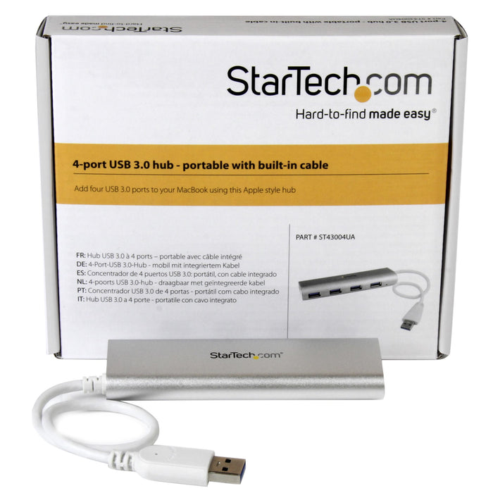 StarTech.com 4-Port USB Hub, USB A to 4x USB-A Ports, USB 5Gbps, Rugged Design, Bus-Powered, Portable Laptop USB 3.0 Hub, USB 3.2 Gen 1 (3.1 Gen 1) Type-A, USB 3.2 Gen 1 (3.1 Gen 1) Type-A, 5000 Mbit/s, Silver, White, Aluminium, Plastic, Power