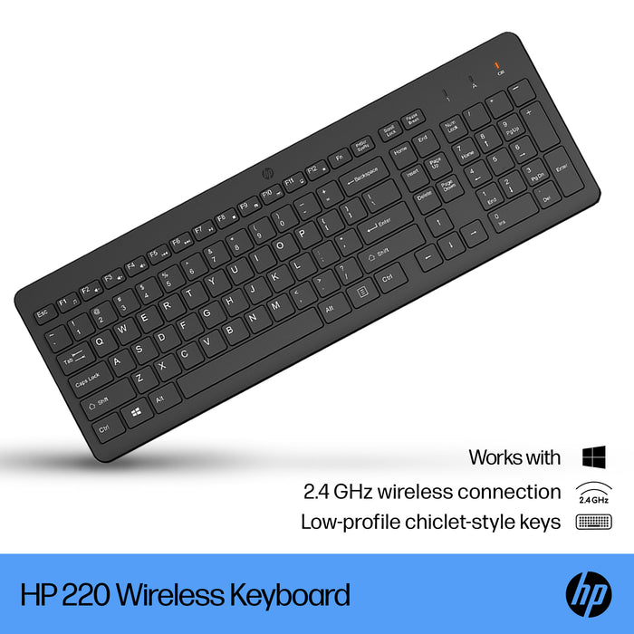 HP 220 Wireless Keyboard, Full-size (100%), Wireless, RF Wireless, Membrane, Black