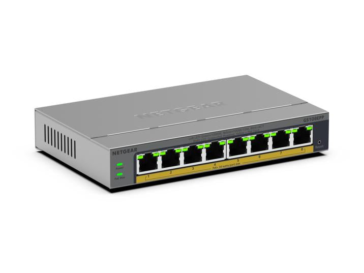 NETGEAR GS108EPP, Unmanaged, Gigabit Ethernet (10/100/1000), Full duplex, Power over Ethernet (PoE), Desktop/Wall-Mounting