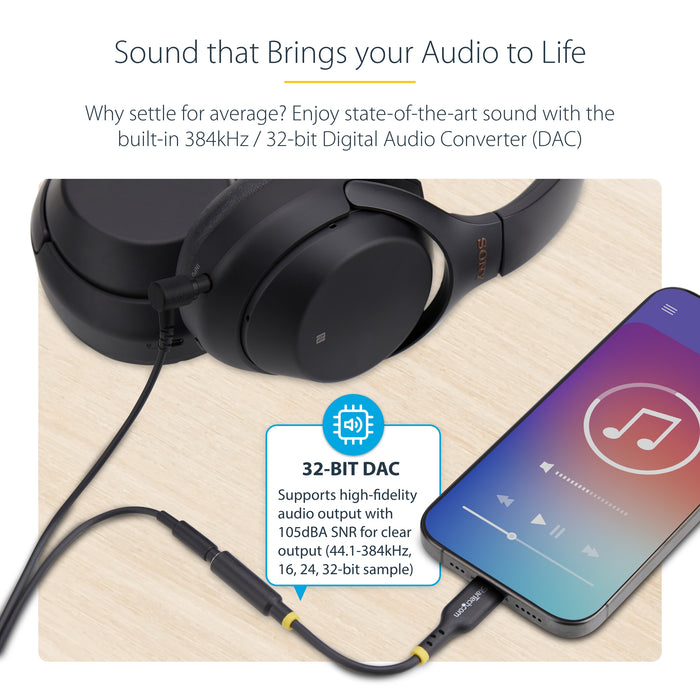 StarTech.com 5in (12.7cm) USB-C to 3.5mm TRRS Headphone/Headset Jack Audio Adapter, USB Type-C Aux Dongle, 32-bit DAC, Supports USB-C/Thunderbolt, Laptop/Phone/Tablet, USB Type-C 2.0, Male, 3.5 mm, Female, 0.127 m, Black