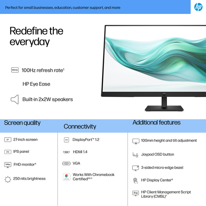 HP Series 3 Pro 27 inch FHD Monitor - 327ph, 68.6 cm (27"), 1920 x 1080 pixels, Full HD, LCD, 5 ms, Black