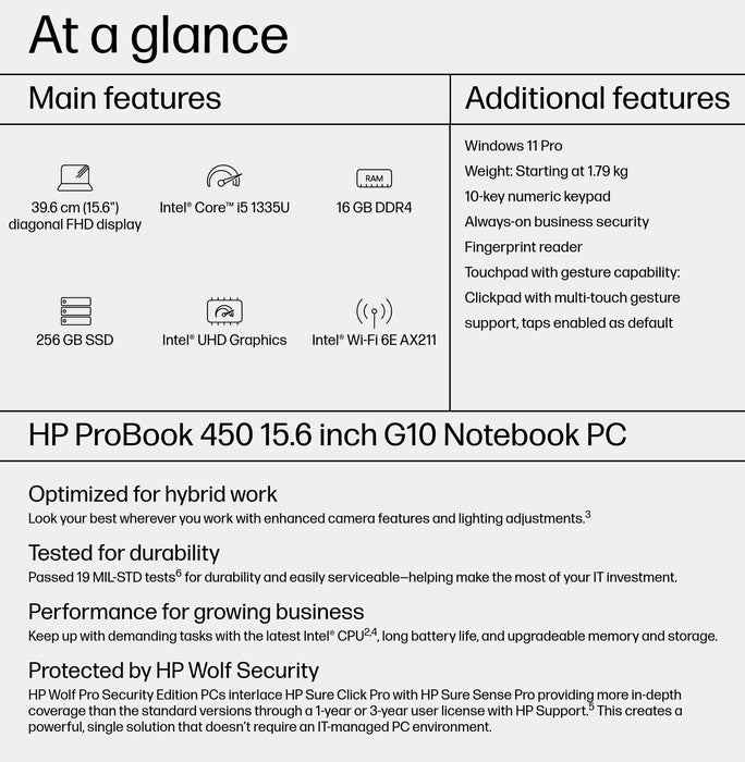 HP ProBook 450 G10, Intel® Core™ i5, 39.6 cm (15.6"), 1920 x 1080 pixels, 16 GB, 256 GB, Windows 11 Pro