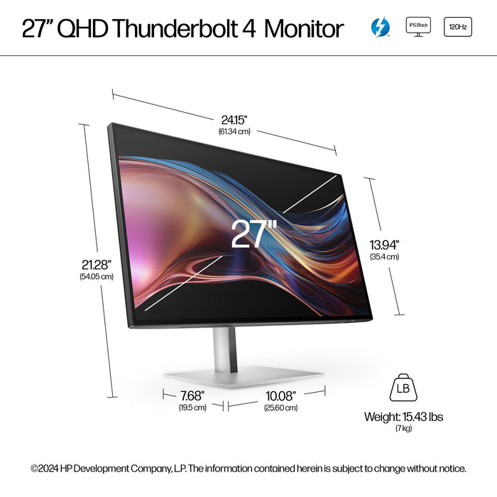 HP Series 7 Pro 27 inch QHD Thunderbolt 4 Monitor - 727pu, 68.6 cm (27"), 2560 x 1440 pixels, Quad HD, LCD, 5 ms