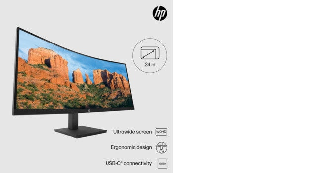 HP P34hc G4 WQHD USB-C Curved Monitor, 86.4 cm (34"), 3440 x 1440 pixels, Quad HD, LED, 5 ms, Black